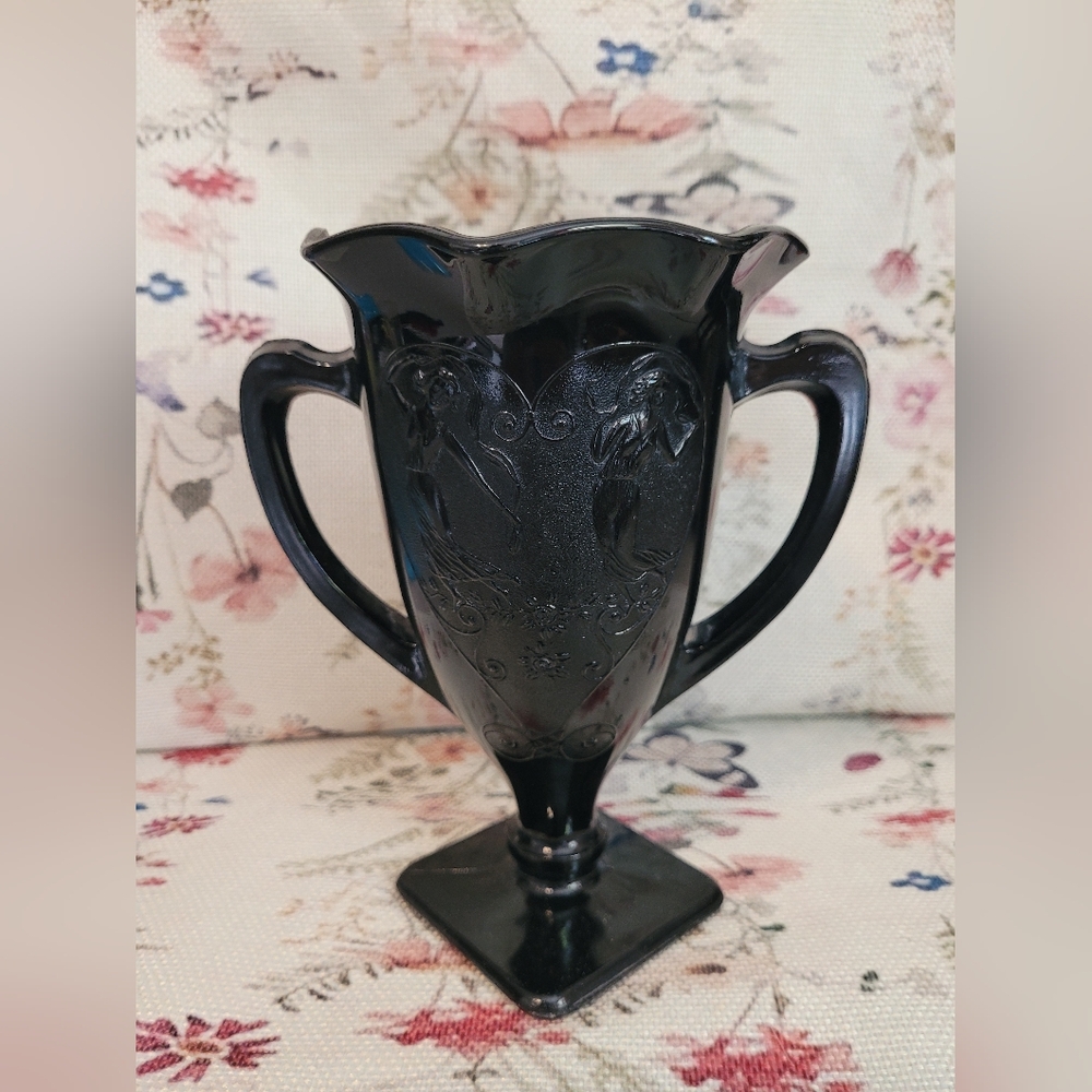 LE Smith Black Milk Glass Loving Cup Vase Dancing Nymphs Design 7" tall VGC